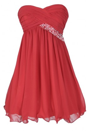 Trail of Stars Embellished Pleated Chiffon Party Dress in Red